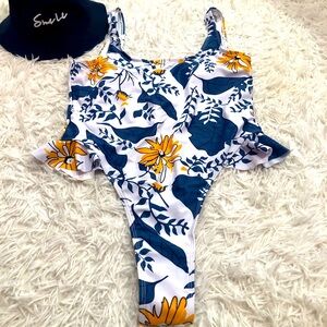 Shein One Piece High Cut Tropical Floral SwimSuit Size L